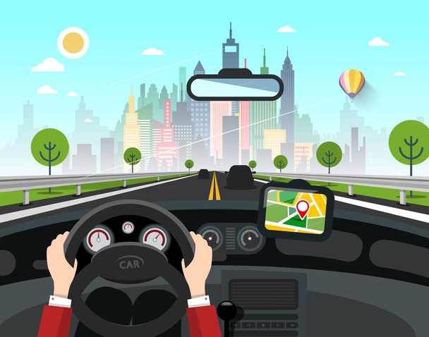 City with Skyscrapers Behind the Car Window on Street - Vector, Image