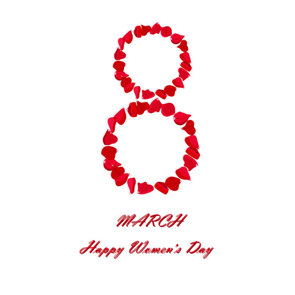 8 березня - Щасливий жіночий друкарський банер. Червона пелюстка троянд на білому. Дизайн елемента запасів Векторні ілюстрації для Інтернету, для друку, для вітальної листівки, листівки
 - Вектор, зображення