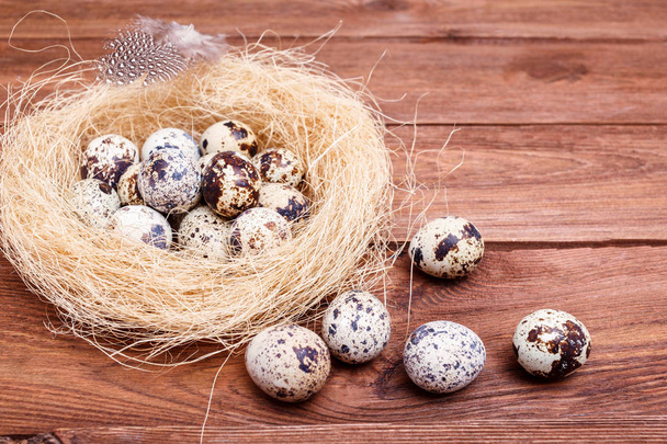 Easter Eggs in bird Nest on rustic wooden background. Quail easter eggs with and feathers in nest on brown table, copy space. Spring, Easter or healthy organic food concept - Φωτογραφία, εικόνα