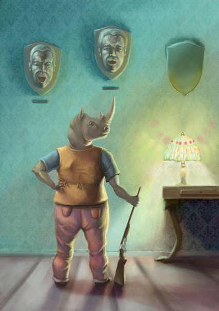 Łowca nosorożców ze strzelbą obserwuje trofea na ścianie z ludzkimi głowami. Salon przy świetle lampy na stole. - Zdjęcie, obraz