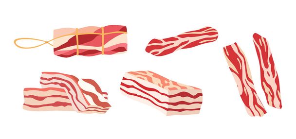 Colored bacon icon with three rashers of fatty pork bacon isolated on white. Set of colorful isolated meats and poultry for calorie table illustration. - Vector, Image