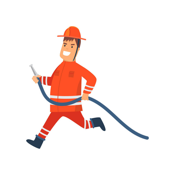 Hasič nošení oranžové ochranné uniformu a helmu běh s požární hadice, veselá profesionální mužský Freman kreslená postava dělá svou práci vektorové ilustrace - Vektor, obrázek