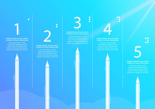 П'ять олівців, що вказують векторний прогрес, починають ілюстрацію з місця для інформації про вашу компанію. Він може бути використаний для презентації, веб-дизайну, цитат, опитування, банера, вивчення
. - Вектор, зображення