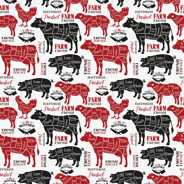 Meat cuts. Diagrams for butcher shop. Animal silhouette. Vector illustration. Seamless pattern. - Vector, afbeelding