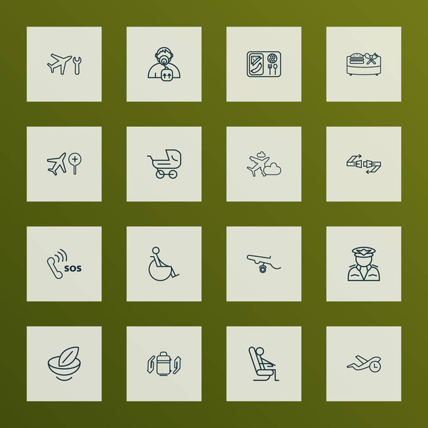 Travel icons line style set with disabled, sitting man, oxygen mask and other banquet elements. Isolated vector illustration travel icons. - Vector, Image