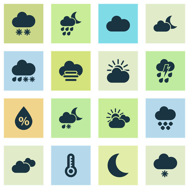 Éghajlat ikonok beállítása, páratartalom, a zúzmarás zuhanyzóval, a naplemente és a sun-felhő elemeivel. Elszigetelt szemléltetés climate ikonok. - Fotó, kép