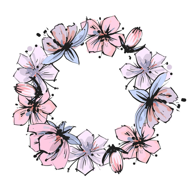 Różowe i fioletowe kwiatowy ramki, przetargu wiosna wzór ręcznie rysowane w atramentowy kolorowy styl dla kobiet s dzień, ślub, urodziny i dziewczęcej wzory - Wektor, obraz