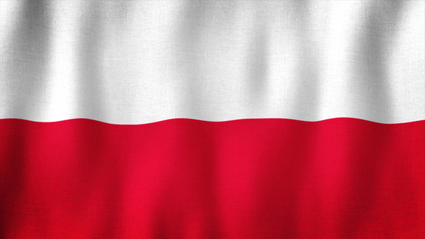 Η σημαία της Πολωνίας κυματίζει στον άνεμο. Κλείσιμο ρεαλιστικής πολωνικής σημαίας με εξαιρετικά λεπτομερή υφασμάτινη υφή - Φωτογραφία, εικόνα