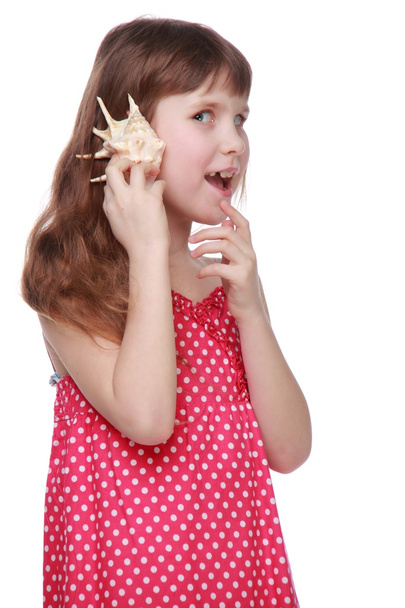 Beautiful child plays with natural big seashell on white background - Φωτογραφία, εικόνα