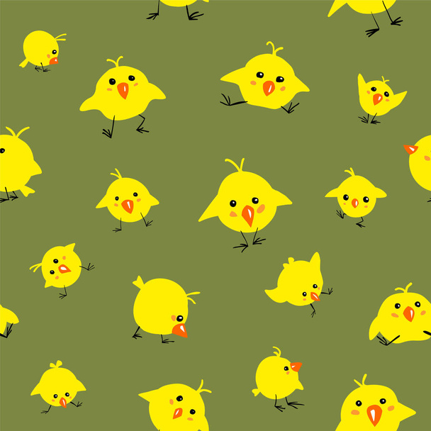 Seamless vector pattern of yellow flat chicks on green background - Вектор,изображение