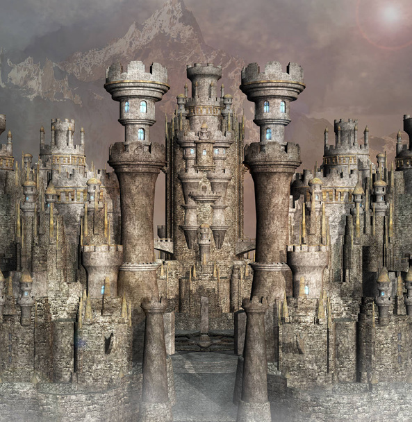 Vista de un castillo de cuento de hadas de fantasía en un paisaje de montaña - Ilustración 3D
 - Foto, imagen