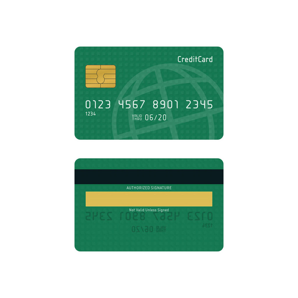 Cartão de crédito verde com padrão de mapa no fundo branco. Finanças conceito design. - Vetor, Imagem
