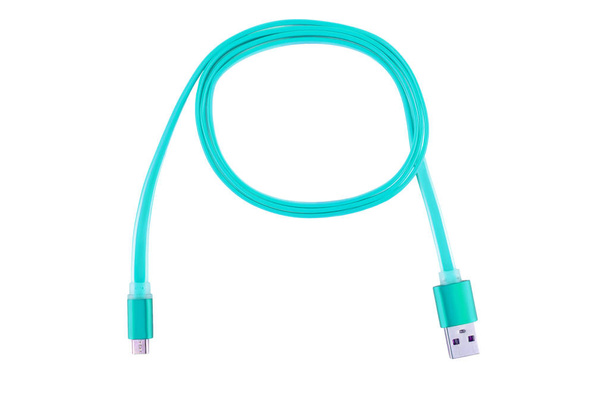 Blue micro-usb cable twisted into a ring, on a white isolated background. - Photo, Image