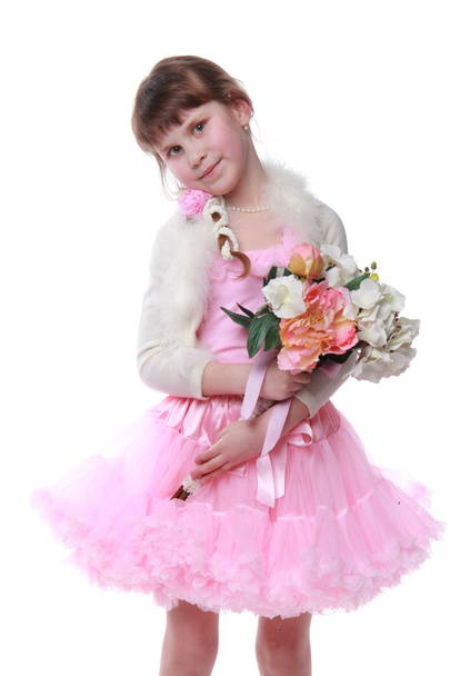 Portrait of a little girl with a big bouquet - Fotoğraf, Görsel