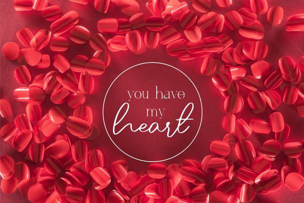 round frame and beautiful decorative red petals with "you have my heart" lettering, valentines day background - Photo, Image