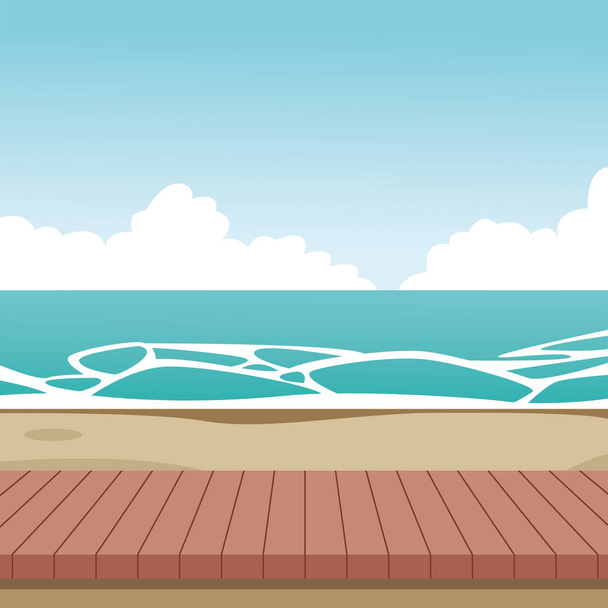 wooden beach landscape cartoon - Vector, Image