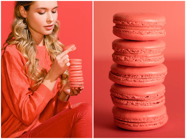 collage with sweet macarons and stylish blonde girl in living coral. Pantone color of the year 2019 concept - Photo, Image