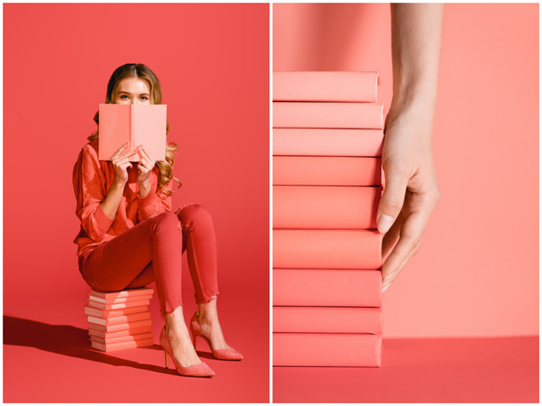 collage with young woman and living coral books. Pantone color of the year 2019 concept - Фото, зображення