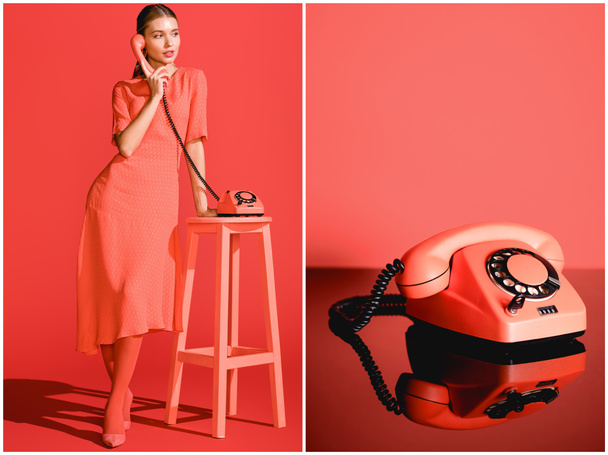 collage with fashionable woman and vintage rotary telephone on living coral background - Photo, Image