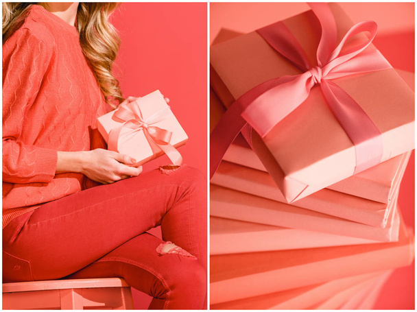 collage with living coral books and elegant girl with present. Pantone color of the year 2019 concept - Photo, Image