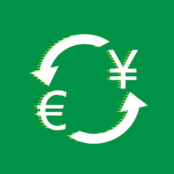 Valutaváltó jele. Euró és a japán jen. Vektor. Fehér lapos ikon zöld háttér sárga csíkos árnyéka. - Vektor, kép