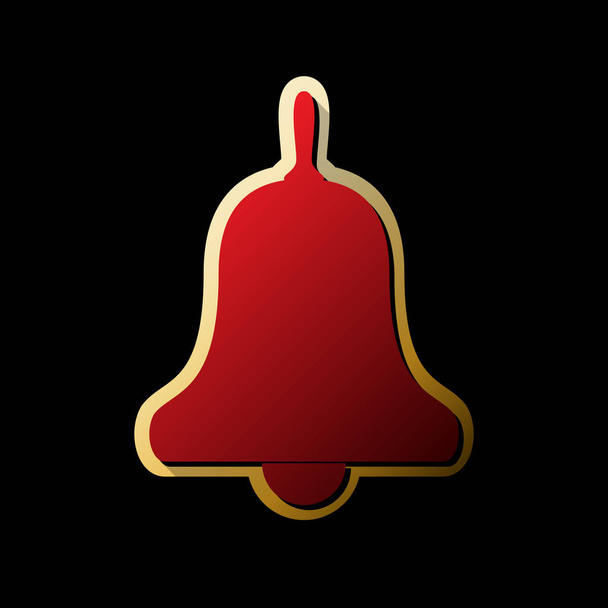 Bell Alarm, hand bell sign. Vector. Red icon with small black and limitless shadows at golden sticker on black background. - Vector, Image