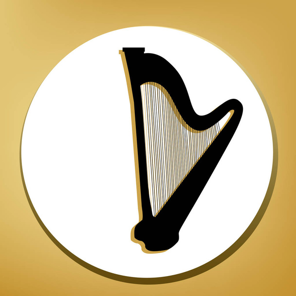 Muziekinstrument harp teken. Vector. Zwarte pictogram met licht bruine schaduw in de witte cirkel met gevormde ring bij gouden achtergrond. - Vector, afbeelding