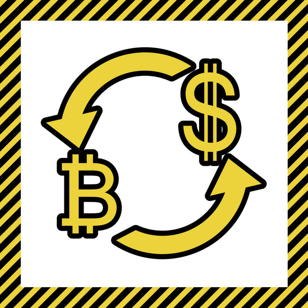Signo de cambio de divisas. Bitcoin y dólar estadounidense. Vector. Icono amarillo cálido con contorno negro en el marco nombrado como en construcción en el fondo blanco. Aislado
. - Vector, imagen
