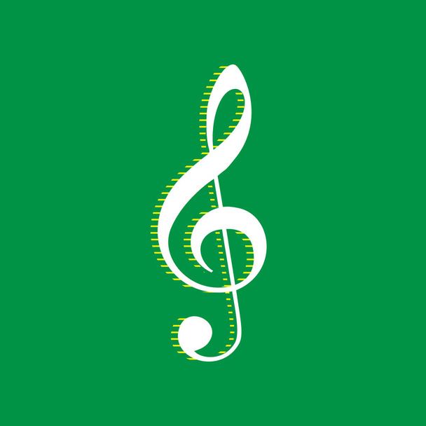 音楽ヴァイオリン記号記号。ト音記号。高音部記号。ベクトル。緑の背景に黄色のストライプ シャドウのついた白いフラット アイコン. - ベクター画像