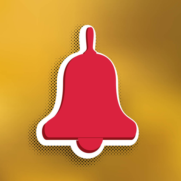Bell Alarm, hand bell sign. Vector. Magenta icon with darker shadow, white sticker and black popart shadow on golden background. - Vector, Image