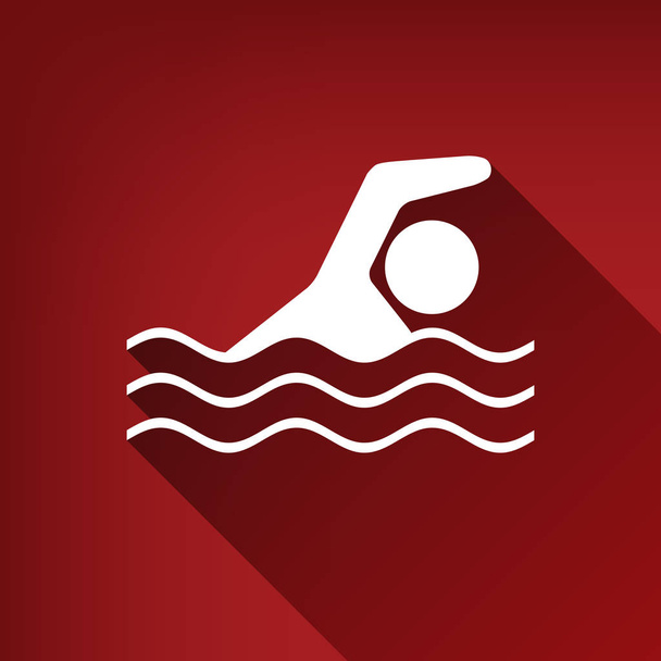Zwemmen sport Waterteken. Vector. Witte icoon met onbegrensde schaduw bij ruby rode achtergrond. - Vector, afbeelding