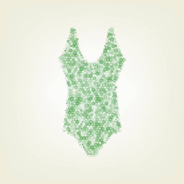 Woman's swimsuit sign. Vector. Green hexagon rastered icon and noised opacity and size at light green background with central light. - Wektor, obraz