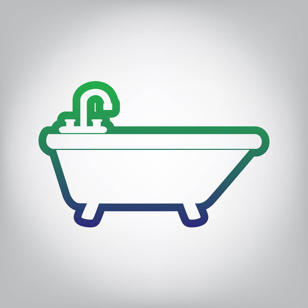 Bathtub sign illustration. Vector. Green to blue gradient contour icon at grayish background with light in center. - Vector, Image