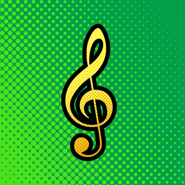 Music violin clef sign. G-clef. Treble clef. Vector. Pop art orange to yellow dots-gradient icon with black contour at greenish background. - Vector, Image