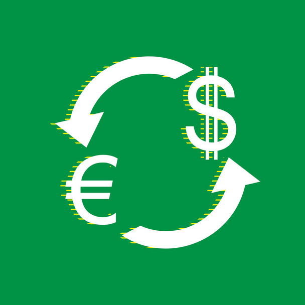 Znak měny exchange. Euro a dolar. Vektor. Bílá plochá ikona s žluté pruhované stín na zeleném pozadí. - Vektor, obrázek