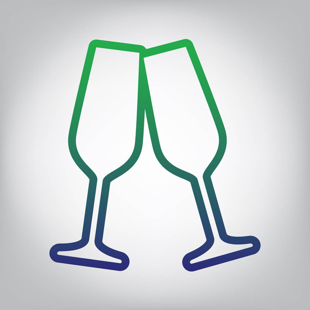 Sparkling champagne glasses. Vector. Green to blue gradient contour icon at grayish background with light in center. - Vector, Image