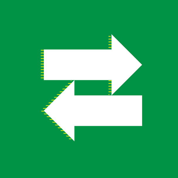 Két nyíl jobbra-balra jel. Vektor. Fehér lapos ikon zöld háttér sárga csíkos árnyéka. - Vektor, kép