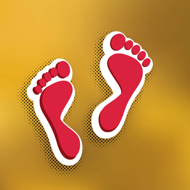 Foot prints sign. Vector. Magenta icon with darker shadow, white sticker and black popart shadow on golden background. - Vecteur, image