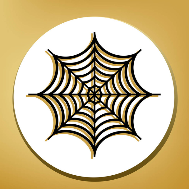 Spin op web illustratie. Vector. Zwarte pictogram met licht bruine schaduw in de witte cirkel met gevormde ring bij gouden achtergrond. - Vector, afbeelding