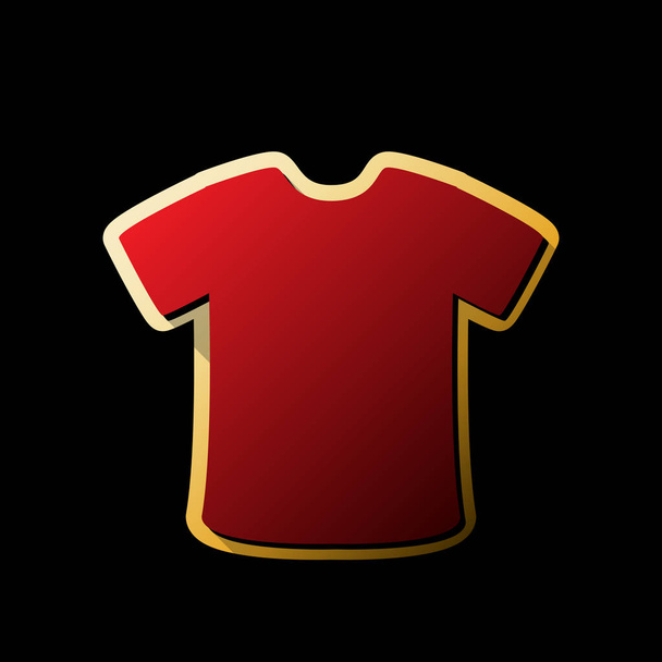 T-Shirt-Zeichen. Vektor. rotes Symbol mit kleinen schwarzen und unbegrenzten Schatten auf goldenem Aufkleber auf schwarzem Hintergrund. - Vektor, Bild