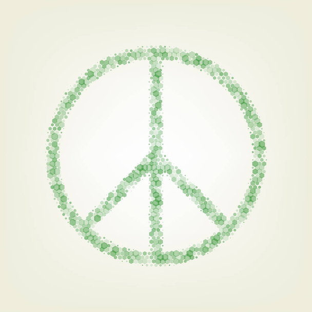 Peace sign illustration. Vector. Green hexagon rastered icon and noised opacity and size at light green background with central light. - Vector, Image