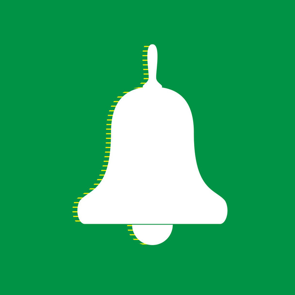 Bell Alarm, hand bell sign. Vector. White flat icon with yellow striped shadow at green background. - Vector, Image