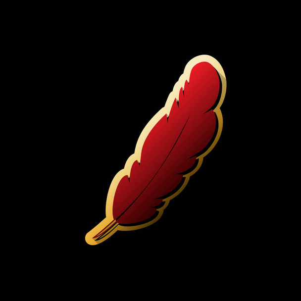 Feather sign illustration. Vector. Red icon with small black and limitless shadows at golden sticker on black background. - Vector, Image