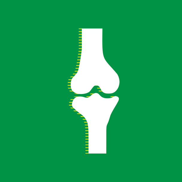 Kniegelenkzeichen. Vektor. weißes flaches Symbol mit gelb gestreiftem Schatten auf grünem Hintergrund. - Vektor, Bild