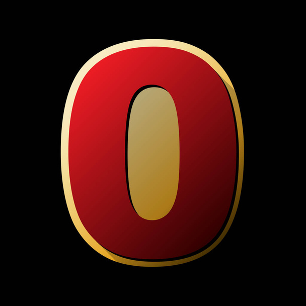 Number 0 sign design template element. Vector. Red icon with small black and limitless shadows at golden sticker on black background. - Vector, Image