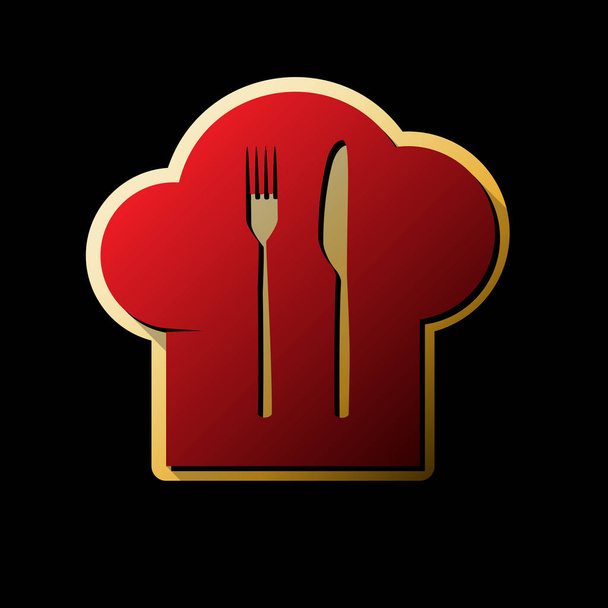 Chef hat and spoon, fork, knife sign. Vector. Red icon with small black and limitless shadows at golden sticker on black background. - Vector, Image