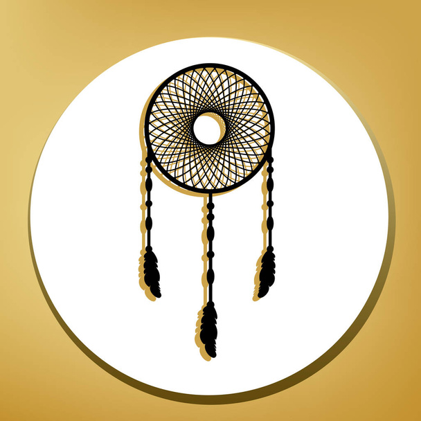 Dream catcher sign. Vector. Black icon with light brown shadow in white circle with shaped ring at golden background. - Vector, Image