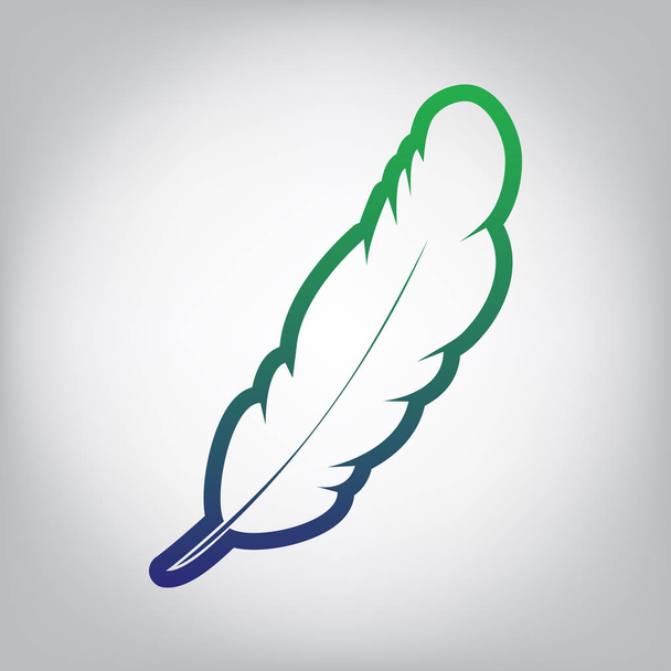 Feather sign illustration. Vector. Green to blue gradient contour icon at grayish background with light in center. - Vector, Image