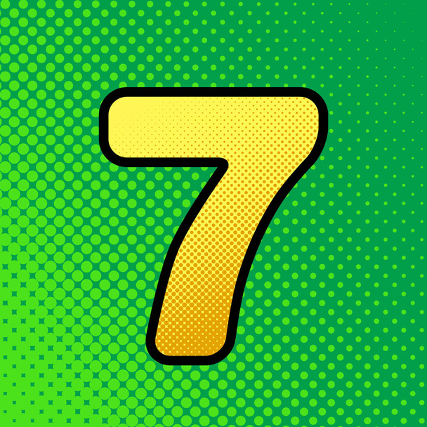 Number 7 sign design template element. Vector. Pop art orange to yellow dots-gradient icon with black contour at greenish background. - Vector, Image