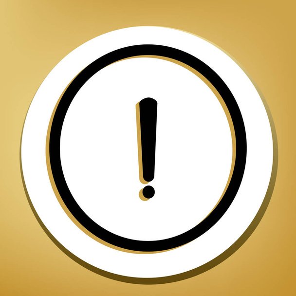 Exclamation mark sign. Vector. Black icon with light brown shadow in white circle with shaped ring at golden background. - Vector, Image